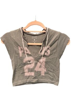 Social Scene Olive Green Ribbed V-Neck Crop Top with Pink 'PARIS 24' Graphic